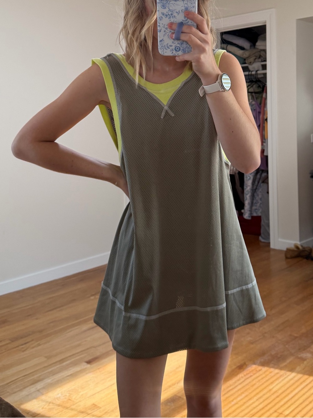 Olive Green Sleeveless Mesh Trim Dress with Neon Accents